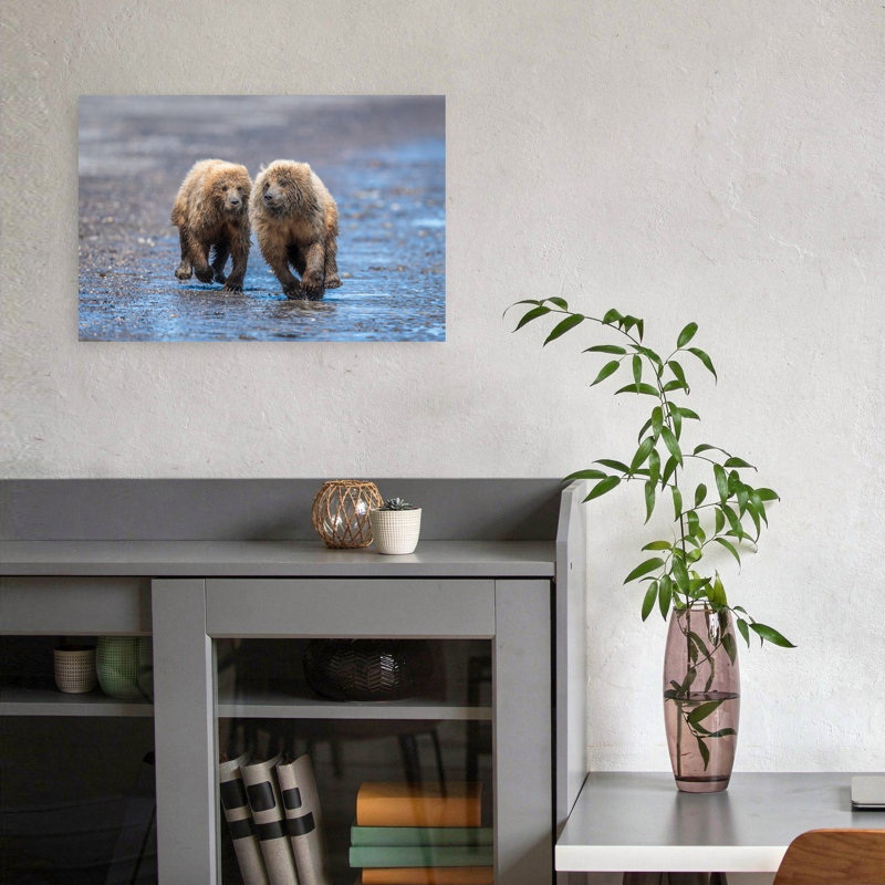 Running Bear Cubs Contemporary Bear Coastal Nature Wall Art Print, 30.48cm H x 45.72cm W