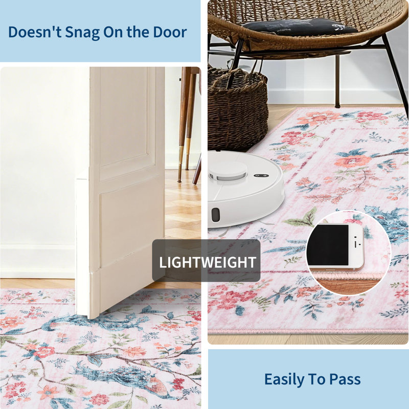 Washable Floral Rug Non Slip Modern Farmhouse Living Room Carpet Non Shedding Low Pile Floor Mats Foldable Print Accent Indoor Rug for Bedroom Playroom Nursery
