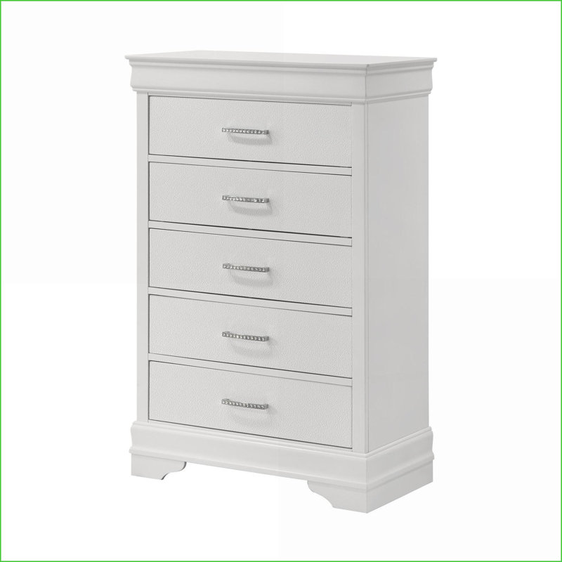 Chests &amp; Wardrobes, Modern 5-Drawer Tall Chest, White Textured Finish with Crystal Tufted Handles | White | Wood