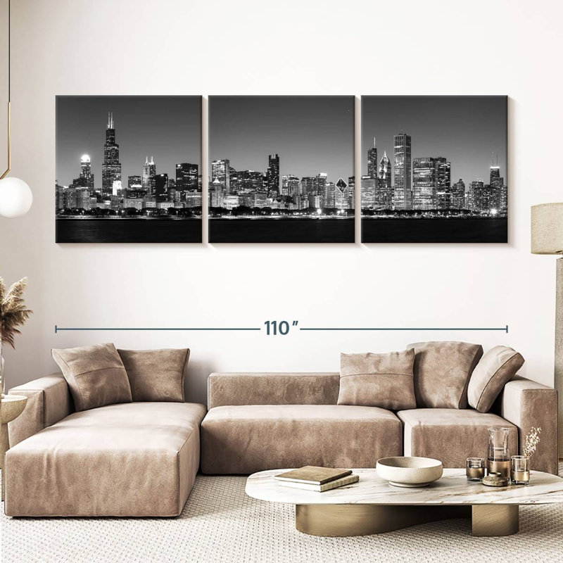 Noir Chicago Skyline, 3 pièces, H 36 po x l 110 po x P 1,25 po