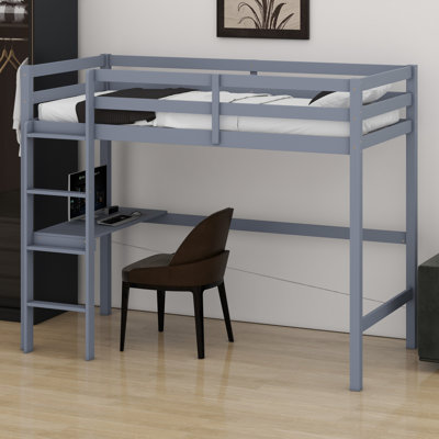 Lit mezzanine haute en bois, avec barrière de sécurité, bureau intégré, échelle