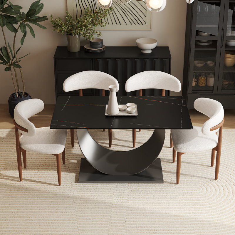 Juvan Modern Sintered Stone Dining Set, 29.21" H x 55.11" W x 31.5" D, Black/Brown, 5 Pieces: Table, 4 Chairs
