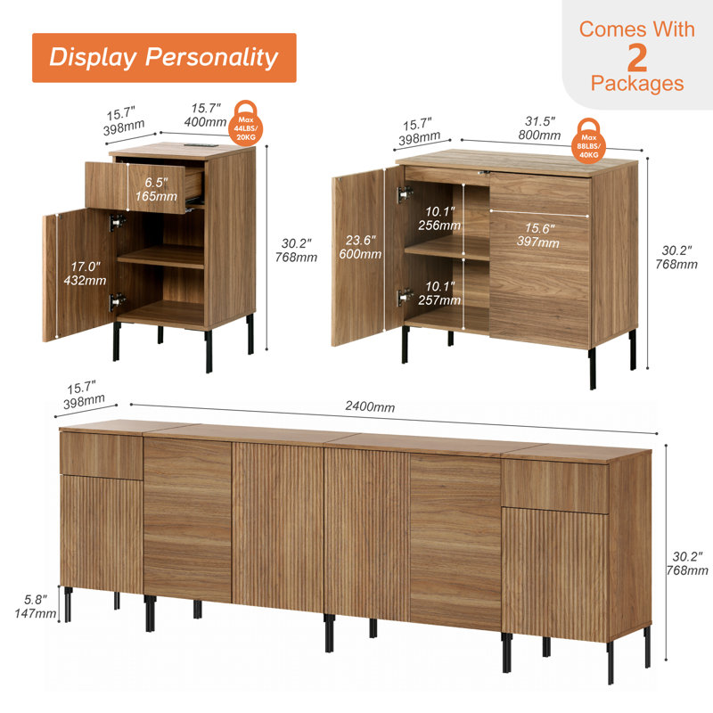 Meuble télé Aadham de 94,5 po de style commode moderne pour téléviseur de 100 po ou moins, meuble audio-vidéo avec station de charge et console de télévision en bois avec rangement