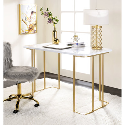 Writing Desk White & Gold, Rectangular, Open Base Metal Square Tube, Composite Wood, 24" X 48" 31 Rectangular Gold Desk, With Depth Width 31" Height