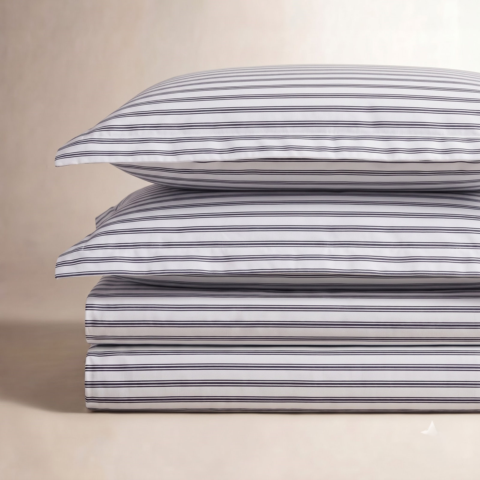 Navy French Ticking Bed Sheets, King Sheet Set with 2 Pillowcases