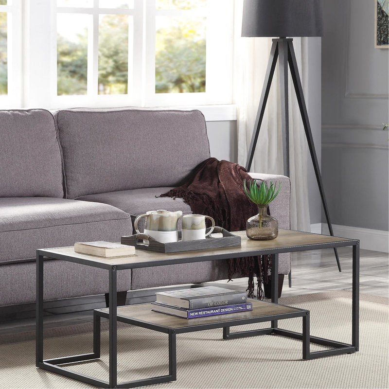 Table basse rectangulaire rustique en chêne et noir avec structure en métal, étagère à un seul niveau, plateau de 15 mm recouvert d'un placage papier PU, For & End Design Concepts, agencement d'étagères, épaisseur, agencement