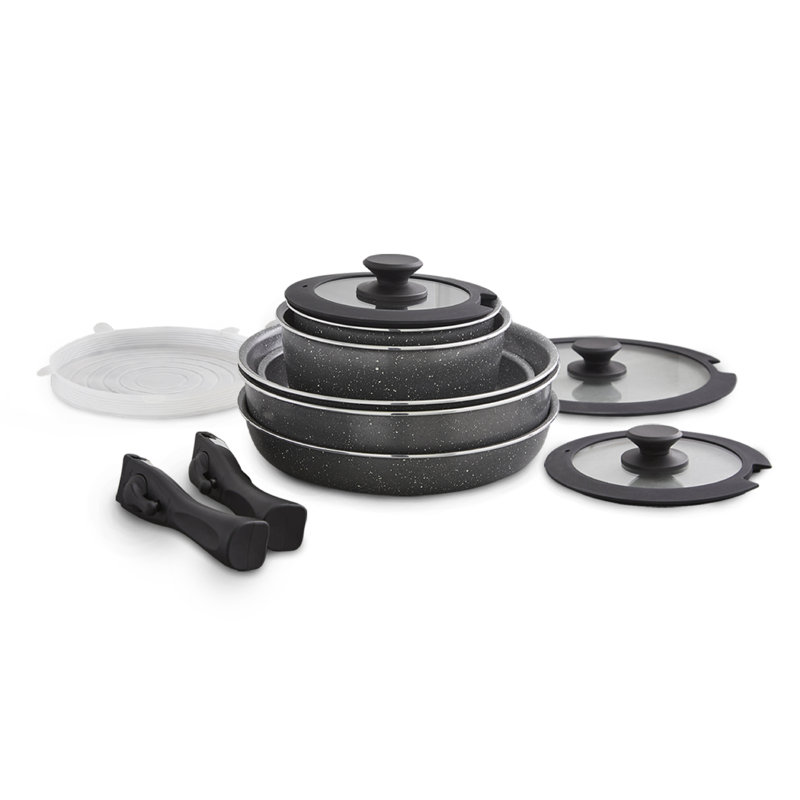 Tower Freedom Detachable Handles Cookware Set with Cerastone Coating, Stackable Design, 13pc, Graphite, Cerastone Black