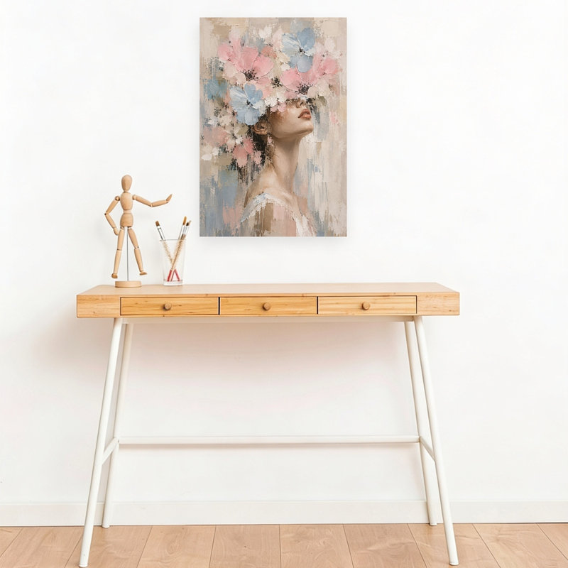 Femme rêveuse aux fleurs - Portrait abstrait contemporain - Affiche murale florale, H 18 po x l 12 po