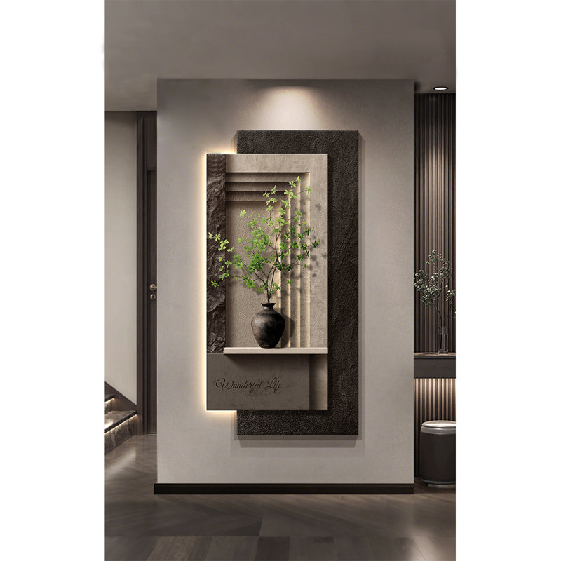 Art mural luxueux à DEL en grès: capteur d'entrée géométrique, Noir / gris / vert / blanc, H 62,99 po x l 31,5 po x P 3,94 po