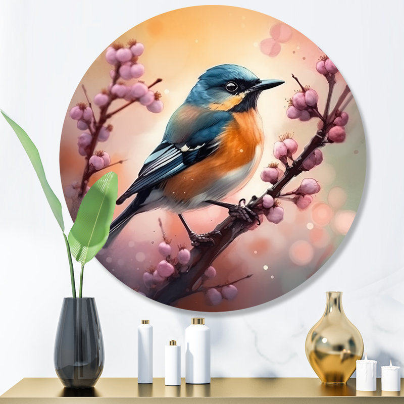 «Blue Bird On A Tree II», art mural rond en métal à motif floral, H 36 po x l 36 po x P 1 po