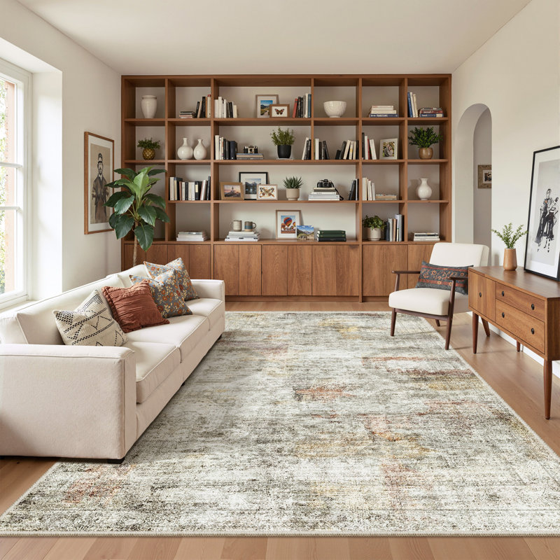 Washable Rug, Distressed Persian Rugs for Living Room, Stain resistant Abstract Area Rugs, Rectangle 6' x 9', Gray/Rust