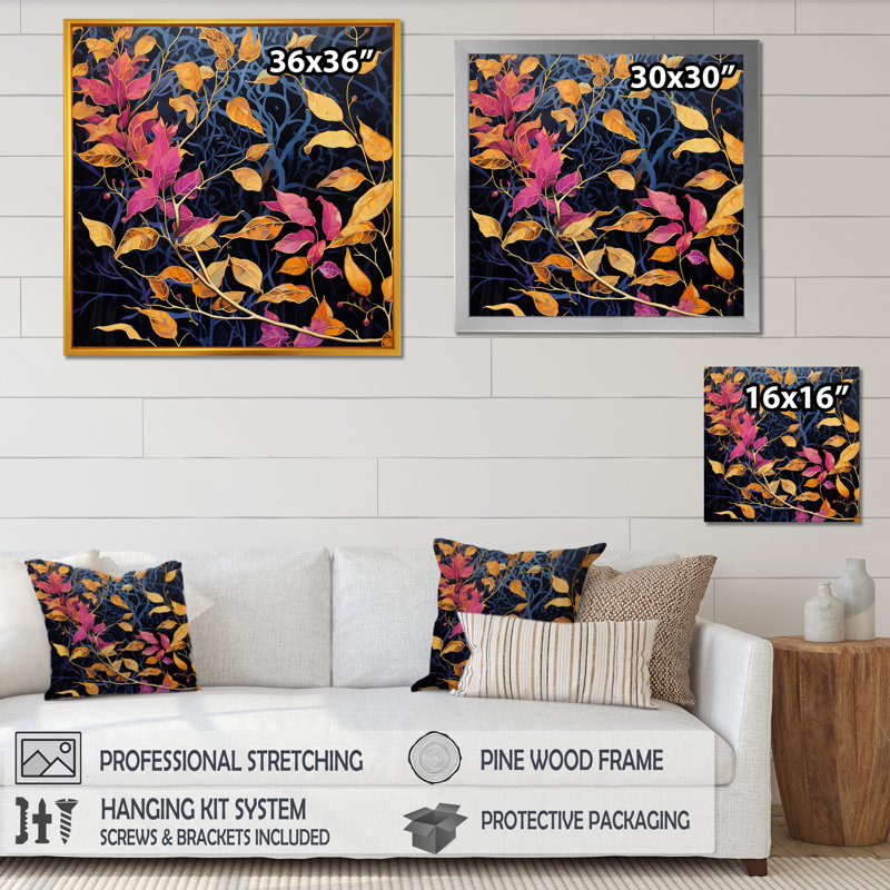 «Gold and Pink Leaf Charm In Winter I», reproduction sur toile, H 36 po x l 36 po x P 1,5 po, Cadre flottant blanc