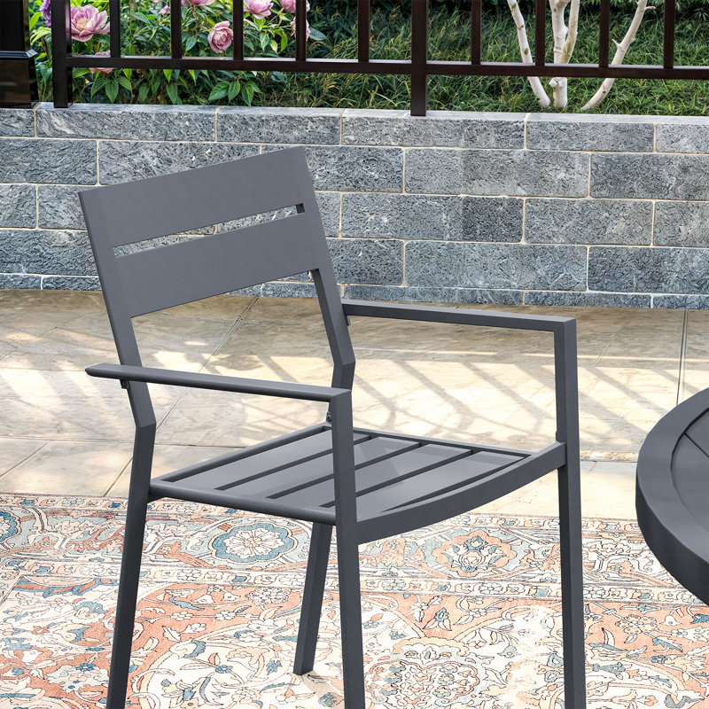 5-Piece Round Outdoor Dining Set With Stackable Metal Armchairs, Gray, Tan/Gray