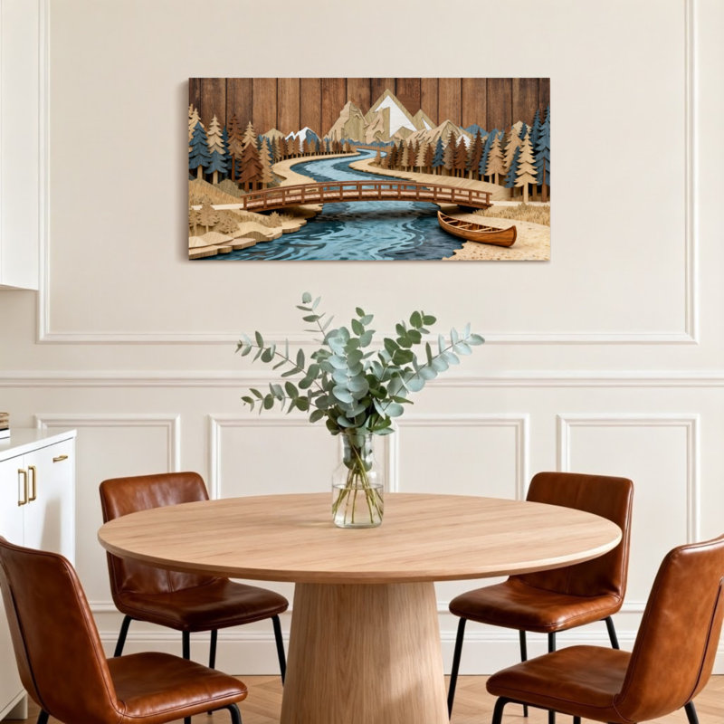 Paysage et nature Paysage en bois avec pont, rivière et montagnes, H 16 po x l 32 po