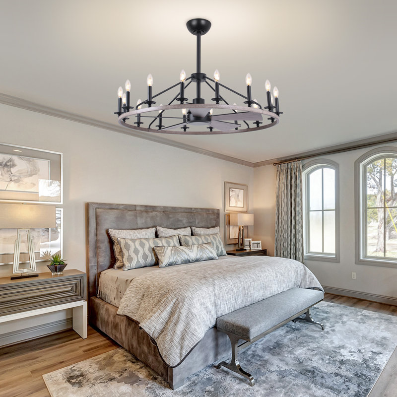 41" Wagon Wheel Chandelier with Fan, Wood