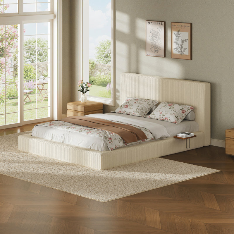 Lit tapissier grand avec table d'appoint coulissante réglable, Grand lit, Blanc, crème