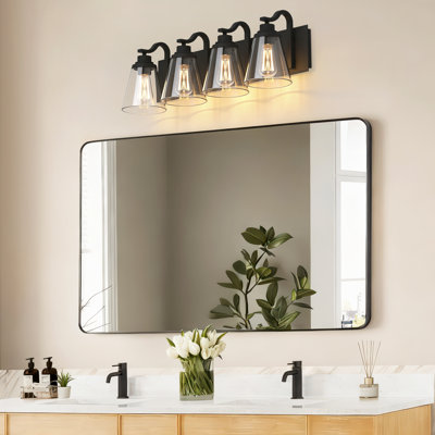 Luminaires de salle de bain, luminaire de salle de bain noir mat à 4 lumières au-dessus du miroir, appliques murales modernes de 29 po avec abat-jour en verre transparent évasé, appliques murales de salle de bain pour le miroir du couloir de la cuisine
