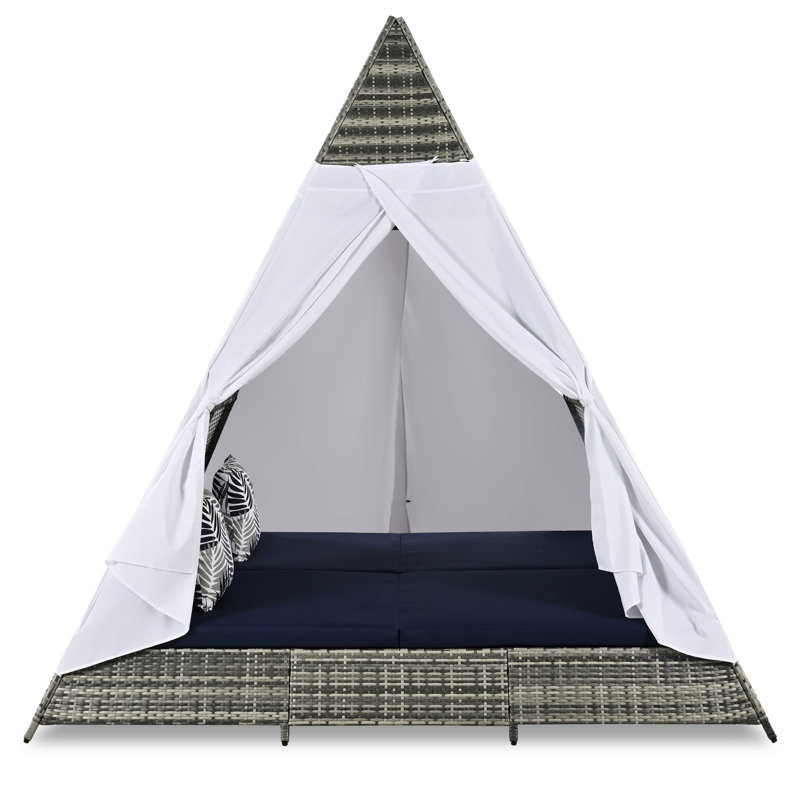 Patio Daybed With Gray And Blue Cushions, Outdoor Sunbed, Tent Shape, 700 Lbs Weight Capacity, Calm Retreat Sunbed - With Pillows Cushions For