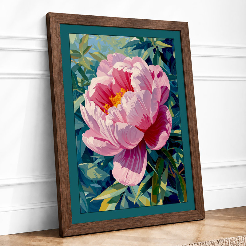 Peony in Bloom Botanical - Framed Print, A4 - 29.7 x 21.0 cm, Walnut
