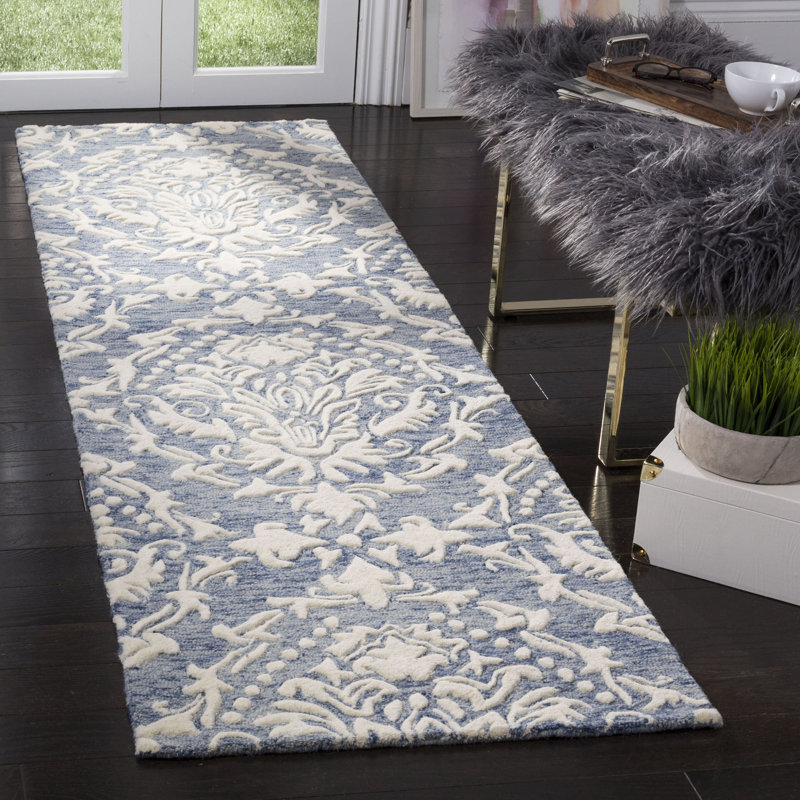 Ferrera Ikat Handmade Tufted Wool Blue / Ivory Area Rug, Runner 2'3" x 8'