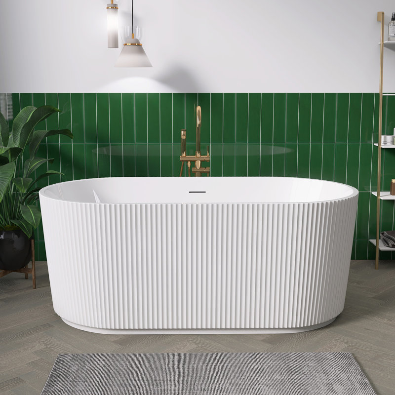 59'' x 29.5'' Freestanding Acrylic Bathtub Stand Alone Soaking Oval Slipper Tub with Center Drain in Glossy White