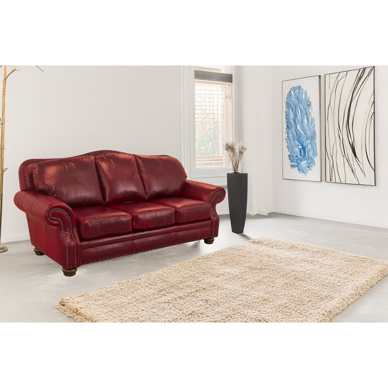 Somto 96" Genuine Leather Rolled Arm Sofa, Brompton Deep Red Genuine Leather