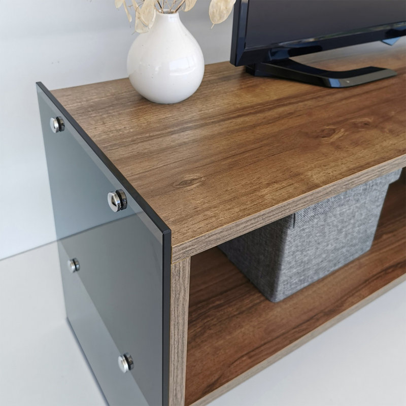 Meuble télé moderne avec option de fixation murale, finition noyer et fumée, 47,2 po x 17,7 po x 13,8 po | 100% panneau de particules enduit de mélamine, épaisseur de 0,3 po, cadre 100% verre trempé | Capacité de poids maximale: 44 lb, design élégant et fonctionnel