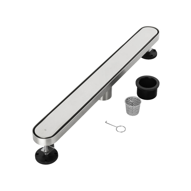 FINE FIXTURES 36-Inch Linear Shower Drain, Tile Insert & Grate 2-in-1 Design, Rounded Edge, 10-Gauge Stainless Steel, Center Outlet, Hair Strainer Included