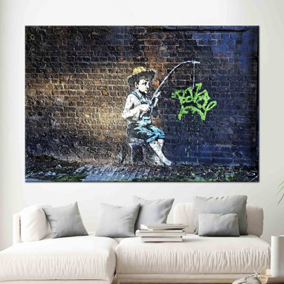 Abstract Graffiti-Style Wall Art with Fishing Boy Theme Made of Cotton Canvas Ideal for Enhancing Street Art Aesthetic in Your Home Decor