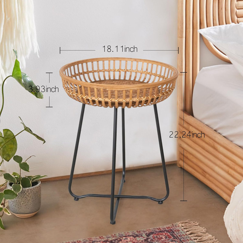 Bamboo And Rattan Round Side Table With Boho Style, Multi-Functional Accent Table For Living Room, Bedroom, Or Balcony