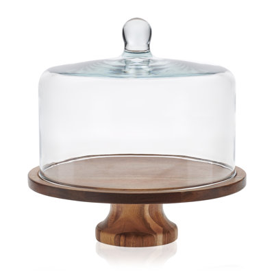 Libbey Acaciawood Footed Round Wood Server Cake Stand with Glass Dome