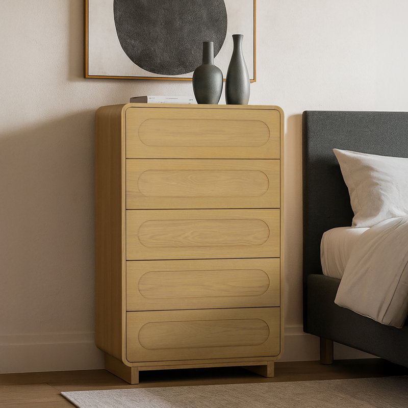 Commode 5 tiroirs Tenley Mid-Century, Naturel