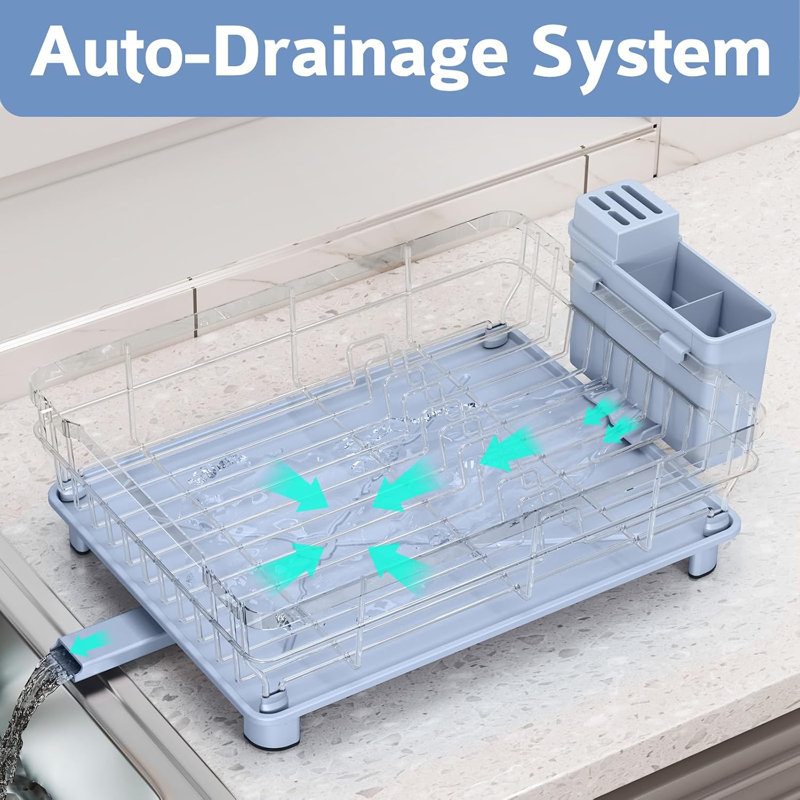 Dish Drying Rack for Kitchen Counter,Blue Space Saving Dish Rack, Self-Draining Drainboard, Rustproof Dish Drainer, Removable Utensil Holder