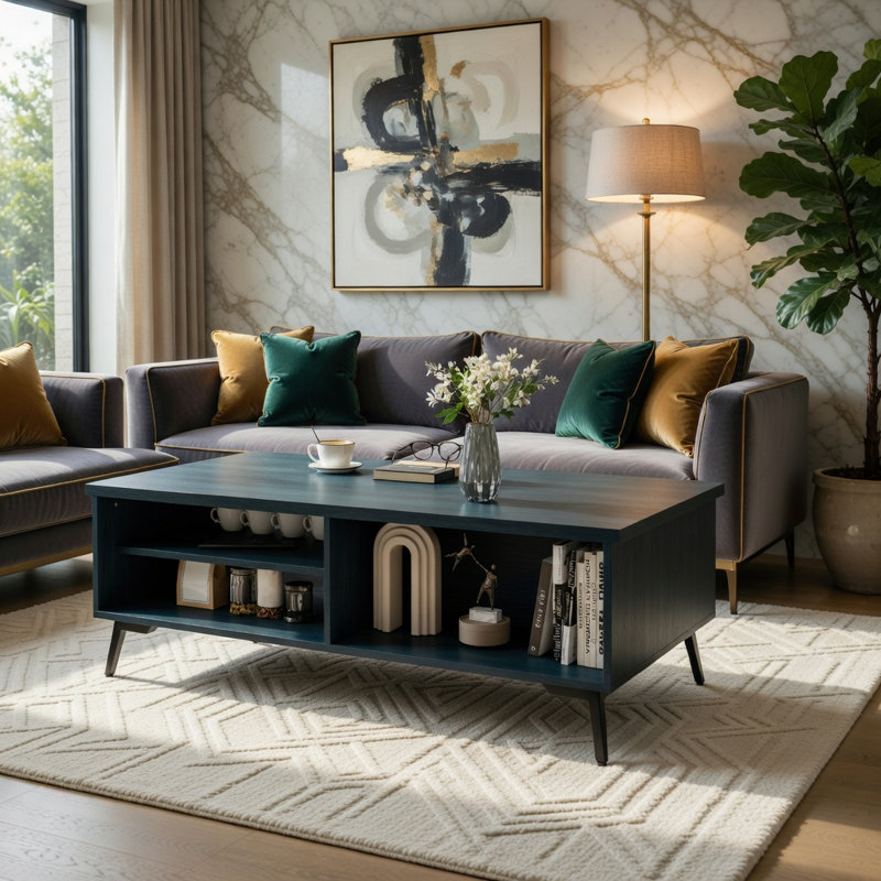 Table basse Hommoo Mid-Century moderne à 2 niveaux avec tablettes ouvertes et compartiments de rangement, Bleu