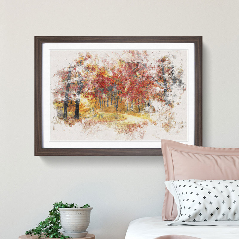 Path Through the Forest at Autumn - Framed Print, 45cm H x 63cm W x 2cm D, Walnut Framed