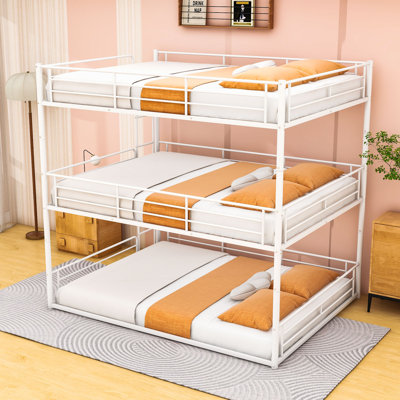 Metal Triple Bunk Bed with Guardrails and Ladder