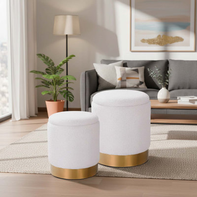 Ensemble de 2 repose-pieds ronds Sherpa avec rangement caché 12 gallons et capacité de 300 lb de table basse sans repose-pieds blanc pour le salon