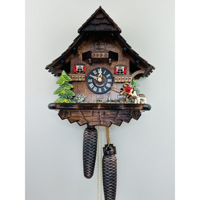  Horloge coucou en bois 14 po avec scène animée de pêcheur et de chalet