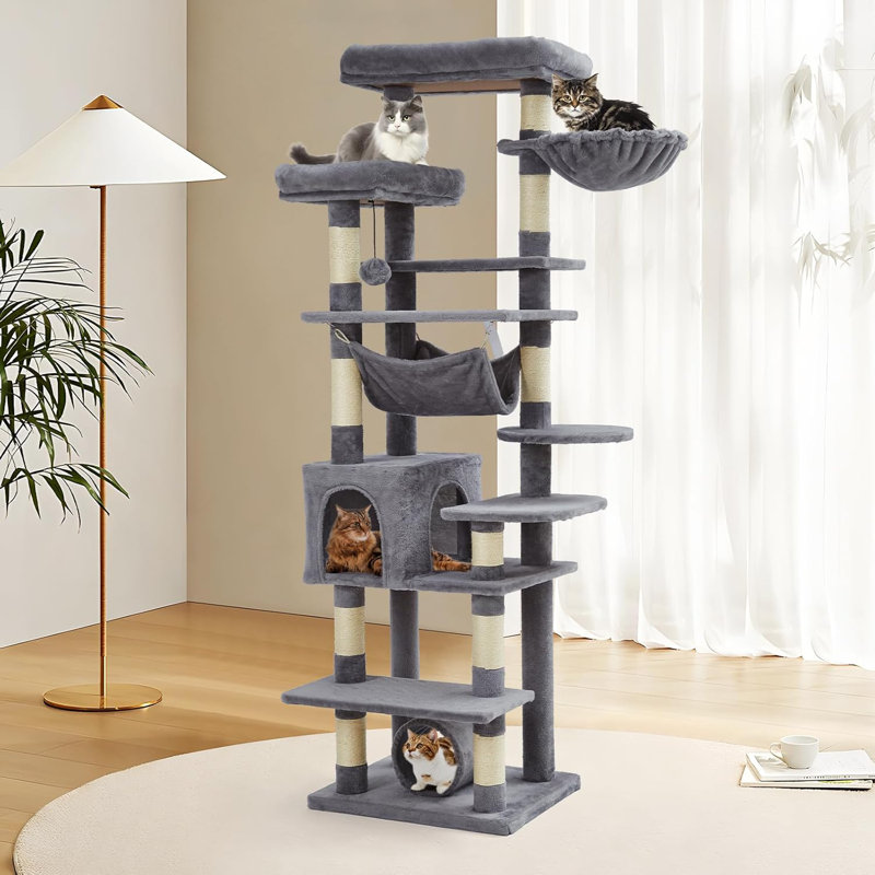 Grand arbre à chat 67 po, avec grattoir, condo pour chat, plateformes, tunnel, hamac, station de nourriture et bols, Gris
