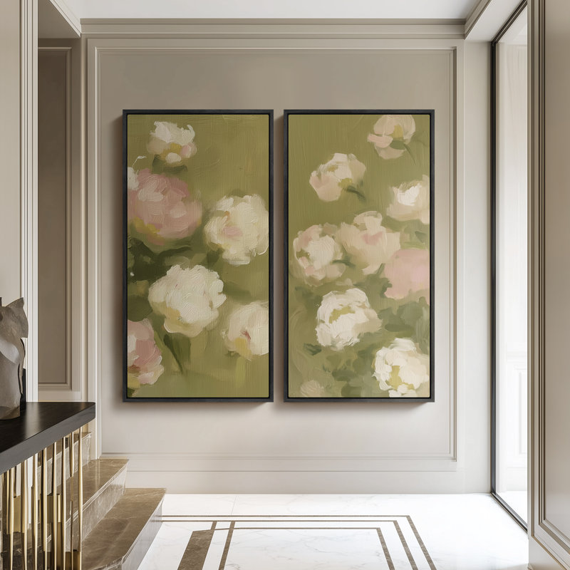 Textures de pivoines impressionnistes texturées en vert pastel - ensemble de 2 reproductions d'art encadrées sur toile 60 po x 20 po x 2 pièces, 60 po x 30 po x 2 pièces