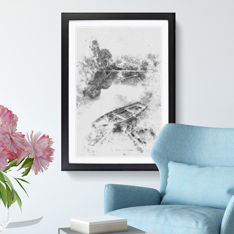 Docked Rowing Boat In The Mountains Watercolour - Picture Frame Graphic Art, 87cm H x 62cm W x 2cm D, Black Framed