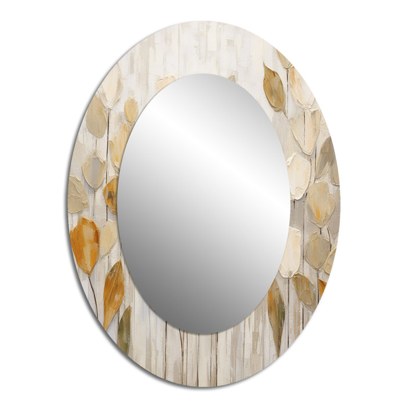Beige Botanical Impressions II - Abstract Oval Decorative Mirror On Metal, 40" x 30"