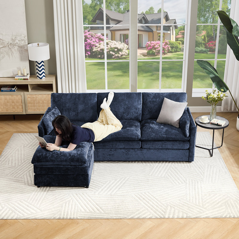 Drago 2 Pieces L-shaped Upholstered Living Room Set With Ottomans, Blue