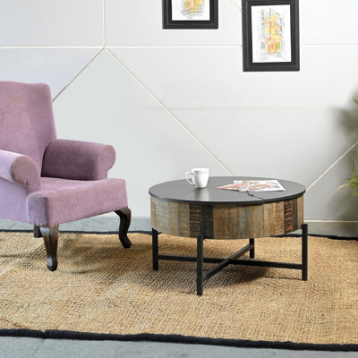 Table basse rustique pour espace de vie - Bois de manguier avec charnières et fer à repasser