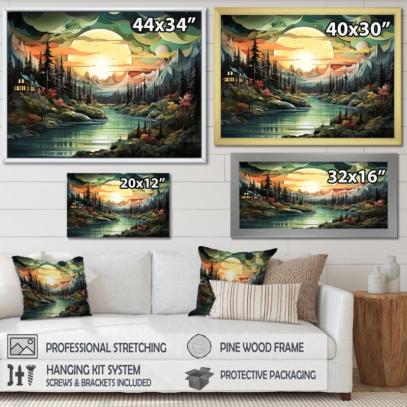 Art mural de montagne majestueux nuage forêts - rivière et forêt, H 20 po x l 12 po x P 1 po, Cadre d'angle fermé noir