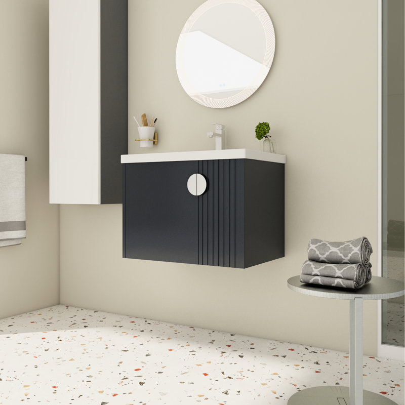 Meuble-lavabo noir 28 po avec lavabo en céramique - fixation murale pour espaces compacts et portes élégantes à fermeture douce