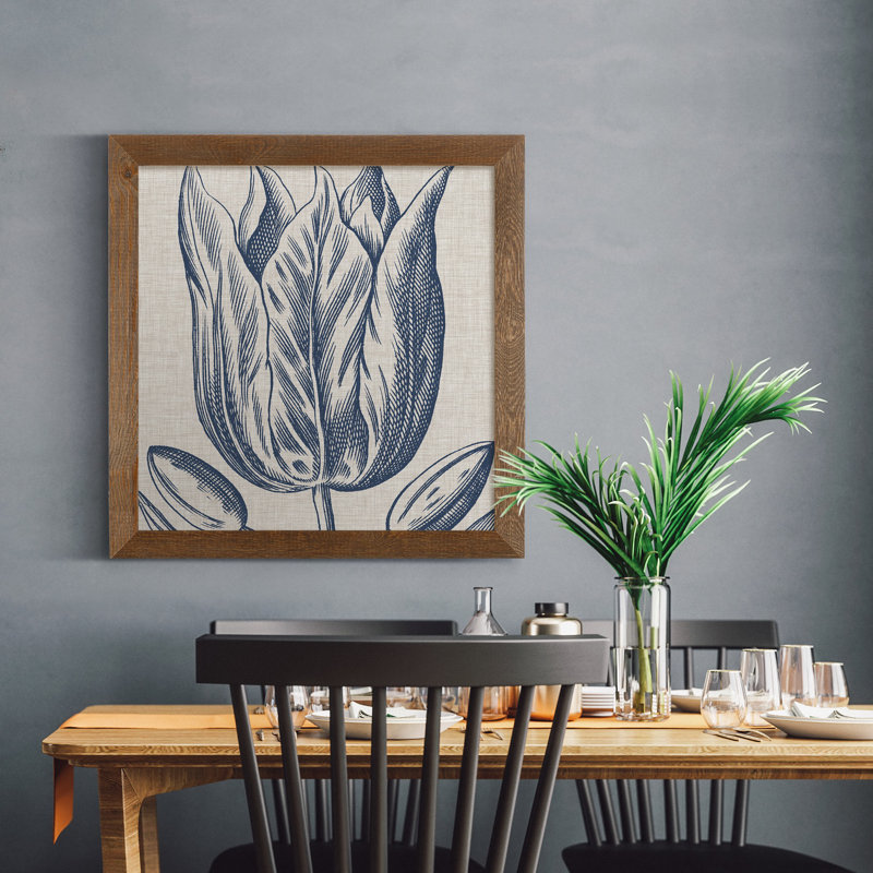 Indigo floral sur lin VI - reproduction encadrée de qualité supérieure - prêt à être accroché - impression encadrée sur papier