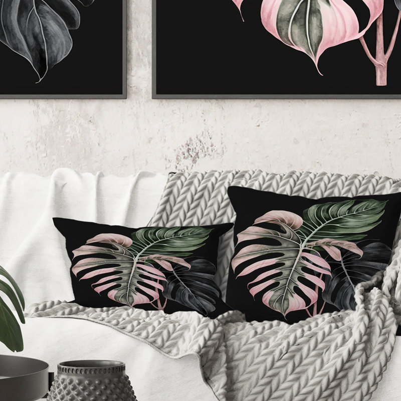 Rose et blanc feuille de philodendron II - coussin décoratif imprimé floral