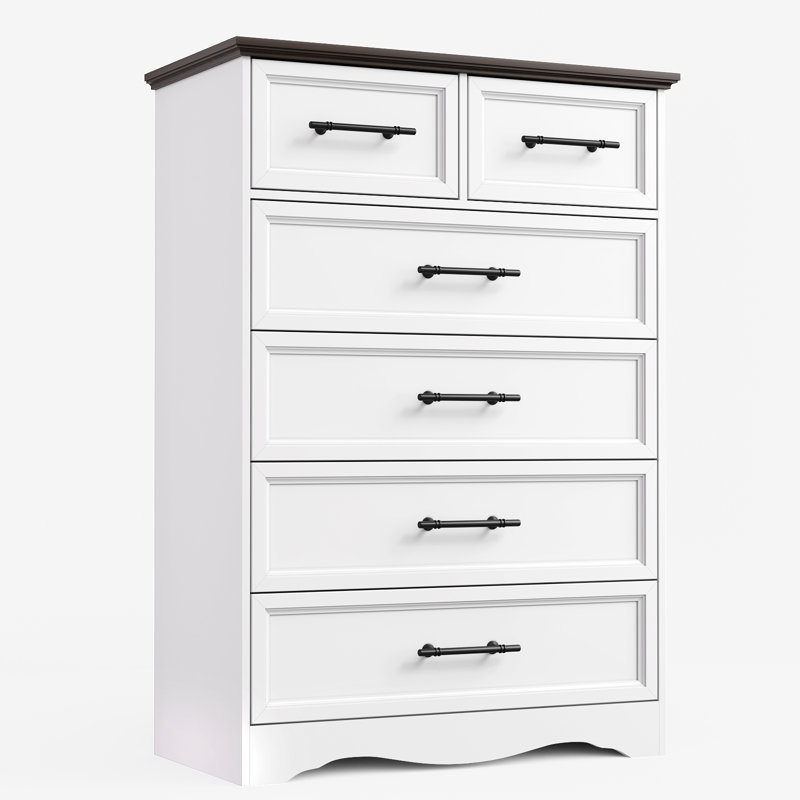 Dresser for Bedroom, 44" Farmhouse Chest of Drawers with Brushed Metal Handle, Wood Closet Organizers for Bedroom, Living Room, Hallway, White