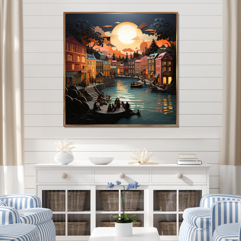 " Port Harbor Symphony Papercut II ", 16" H x 16" W x 1" D, Gold Floater Framed